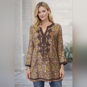 Life Style Metallic Embroidered Boho Tunic Top Size Large #1295